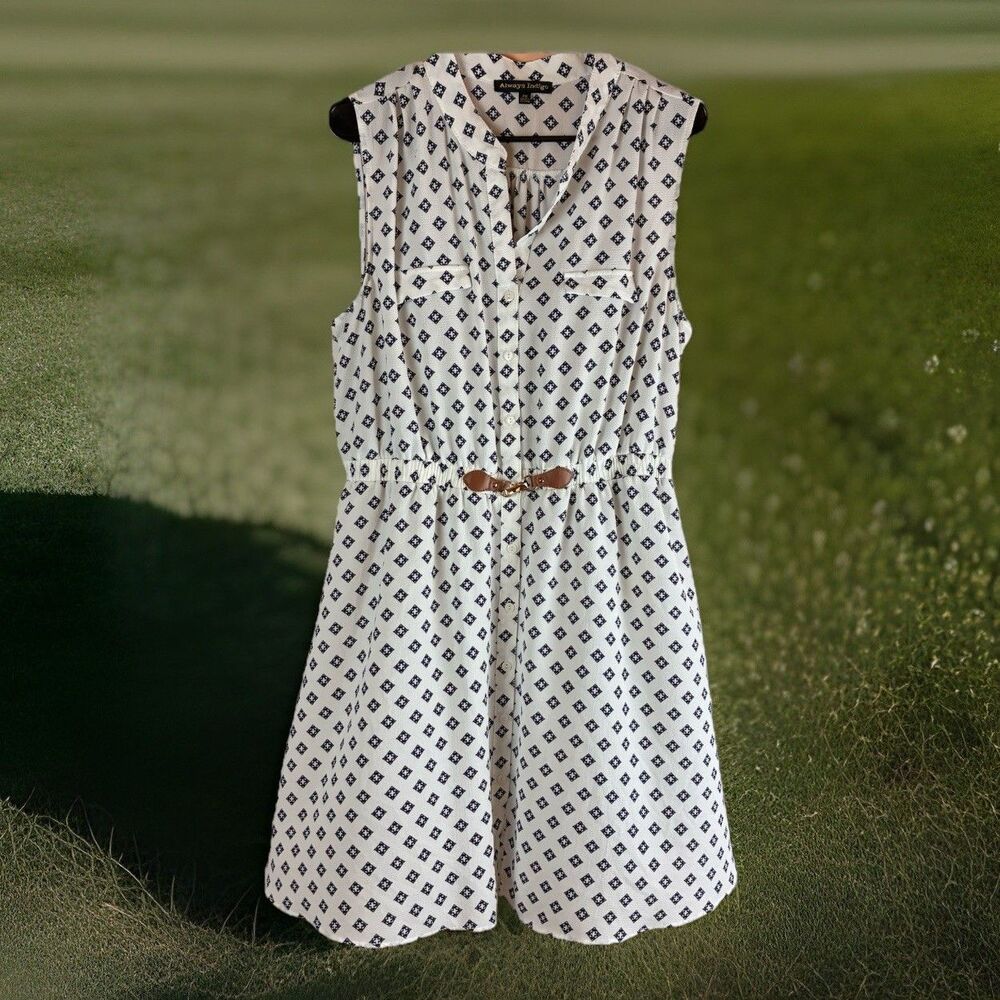 Always Indigo Women's Sleeveless Button-Up Dress White And Navy Blue Size 2X